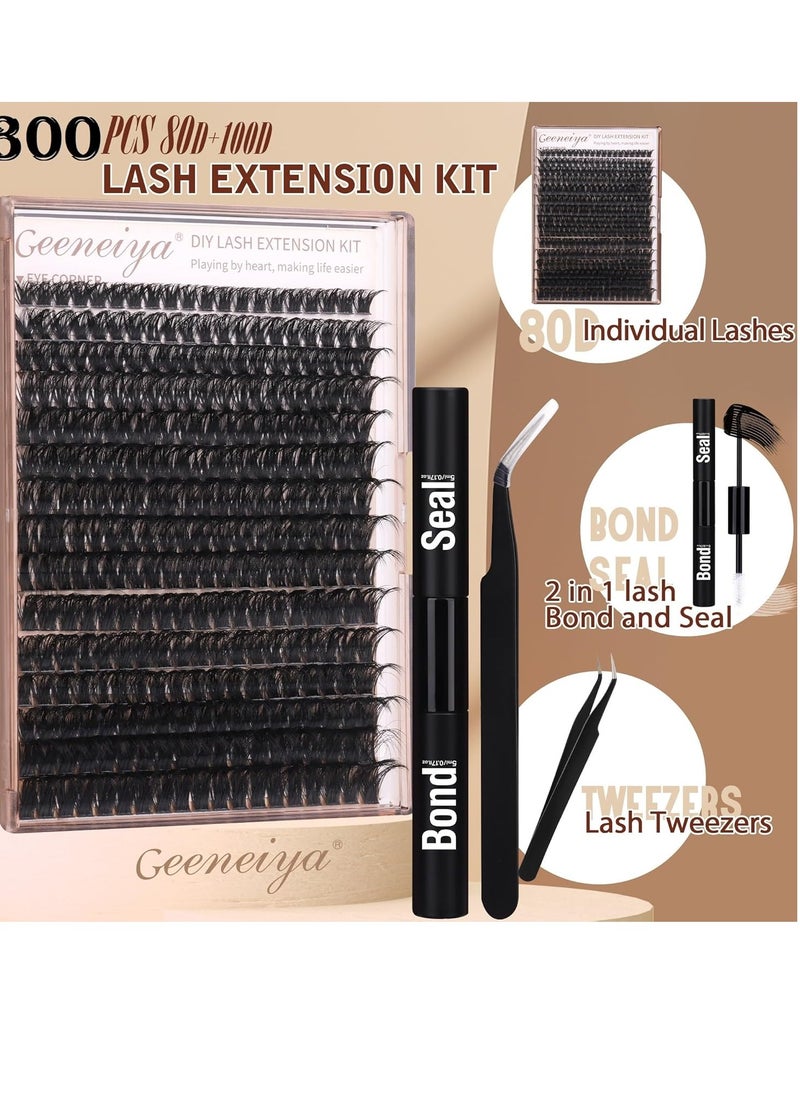 Geeneiya Volume Lash Clusters Kit DIY Lash Extension Kit D Curl Eyelash Extensions with Waterproof Lash Bond and Seal Waterproof Tweezers,10-14mm Eye Corner Eyelashes and 16-18MM Cluster Lashes 300Pcs