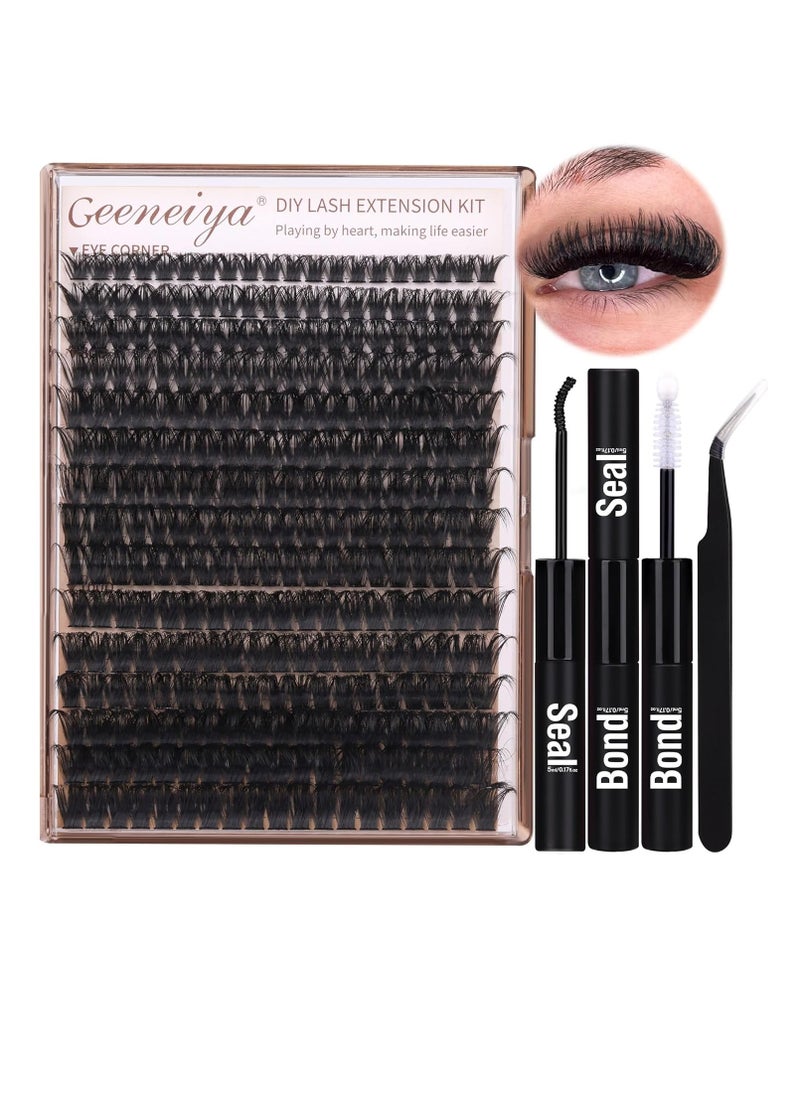 Geeneiya Volume Lash Clusters Kit DIY Lash Extension Kit D Curl Eyelash Extensions with Waterproof Lash Bond and Seal Waterproof Tweezers,10-14mm Eye Corner Eyelashes and 16-18MM Cluster Lashes 300Pcs