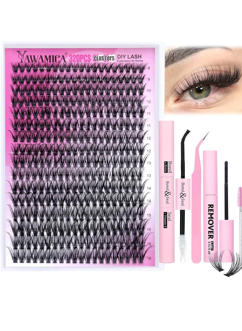 Eyelash Extension Kit 320pcs Lash Clusters D Curl 9-16mm Mix 40D Individual Lashes with Lash Bond and Seal and Remover Lash Applicator for Lash Extension Beginners