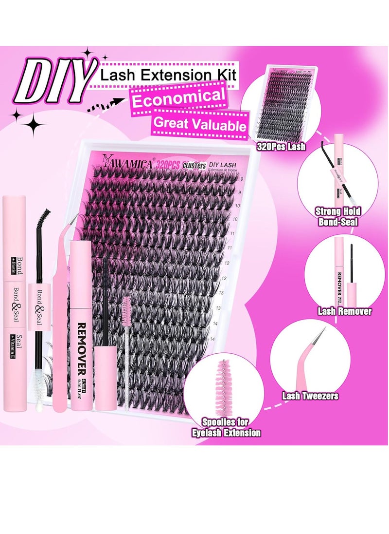 Eyelash Extension Kit 320pcs Lash Clusters D Curl 9-16mm Mix 40D Individual Lashes with Lash Bond and Seal and Remover Lash Applicator for Lash Extension Beginners