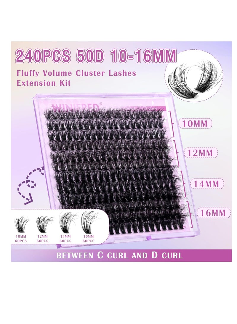 Fluffy Lash Extension Kit Lash Clusters Thick Individual Lashes 10-16mm Eyelashes Extension Kit 50D Wispy Mink Lash Kit Cluster Lashes with Lash Bond and Seal by Winifred