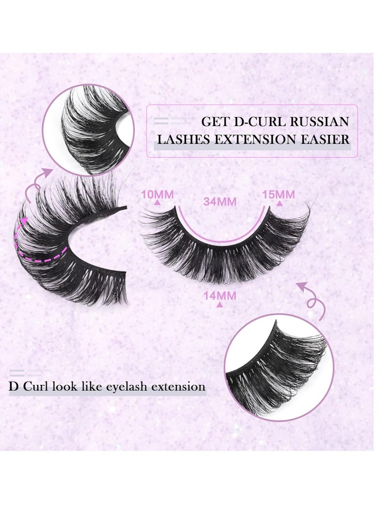 False Eyelashes Russian Strip Lashes Fluffy Fake Eyelashes Extension D Curl Wispy Handmade Soft Reusable 14 Pairs Lashes Pack