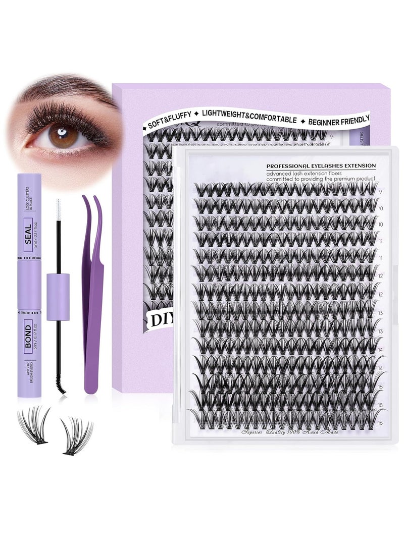 DIY Lash Extension Kit 280pcs Individual Lashes Cluster D Curl Eyelash Extension Kit Lash Clusters with Lash Bond and Seal and Lash Applicator Tool for Self Application (KIT,30D-D-9-16MIX)