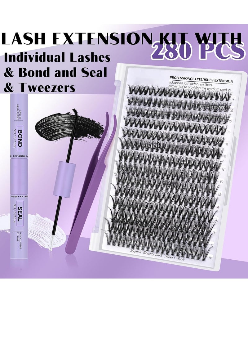 DIY Lash Extension Kit 280pcs Individual Lashes Cluster D Curl Eyelash Extension Kit Lash Clusters with Lash Bond and Seal and Lash Applicator Tool for Self Application (KIT,30D-D-9-16MIX)