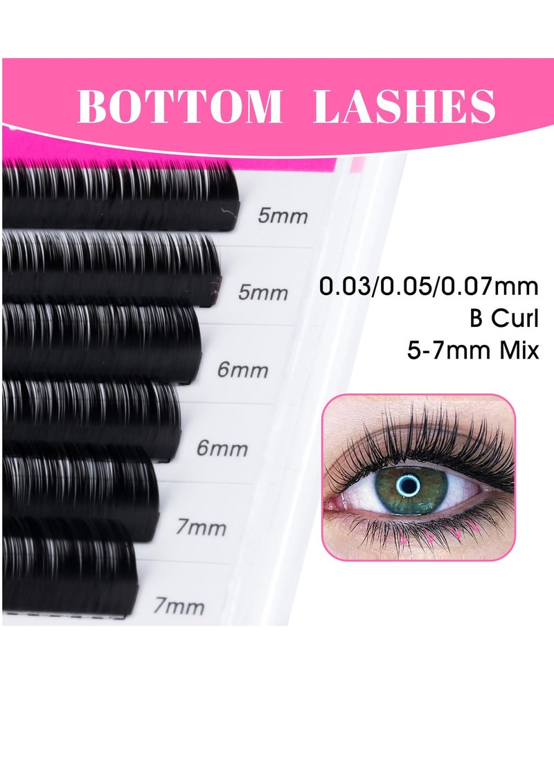 TDANCE Bottom Lash Extension 0.03/0.05/0.07mm Thickness Bottom Lashes Lower Lash Extensions B Curl 5-7mm Mixed Under Bottom Eyelashes (0.03-B,5-7 mm)