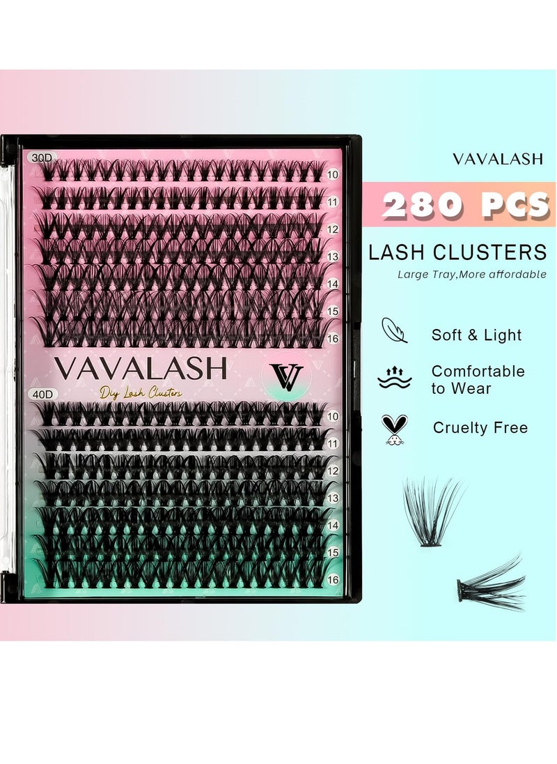 VAVALASH DIY Lash Extensions Kit Individual Cluster Lashes Kit with 280 Lash Clusters 30D+40D-0.07-D-10-16Mix, Lash Bond and Seal, Lash Applicator for DIY Eyelash Extensions at Home（Kit-30D+40D)