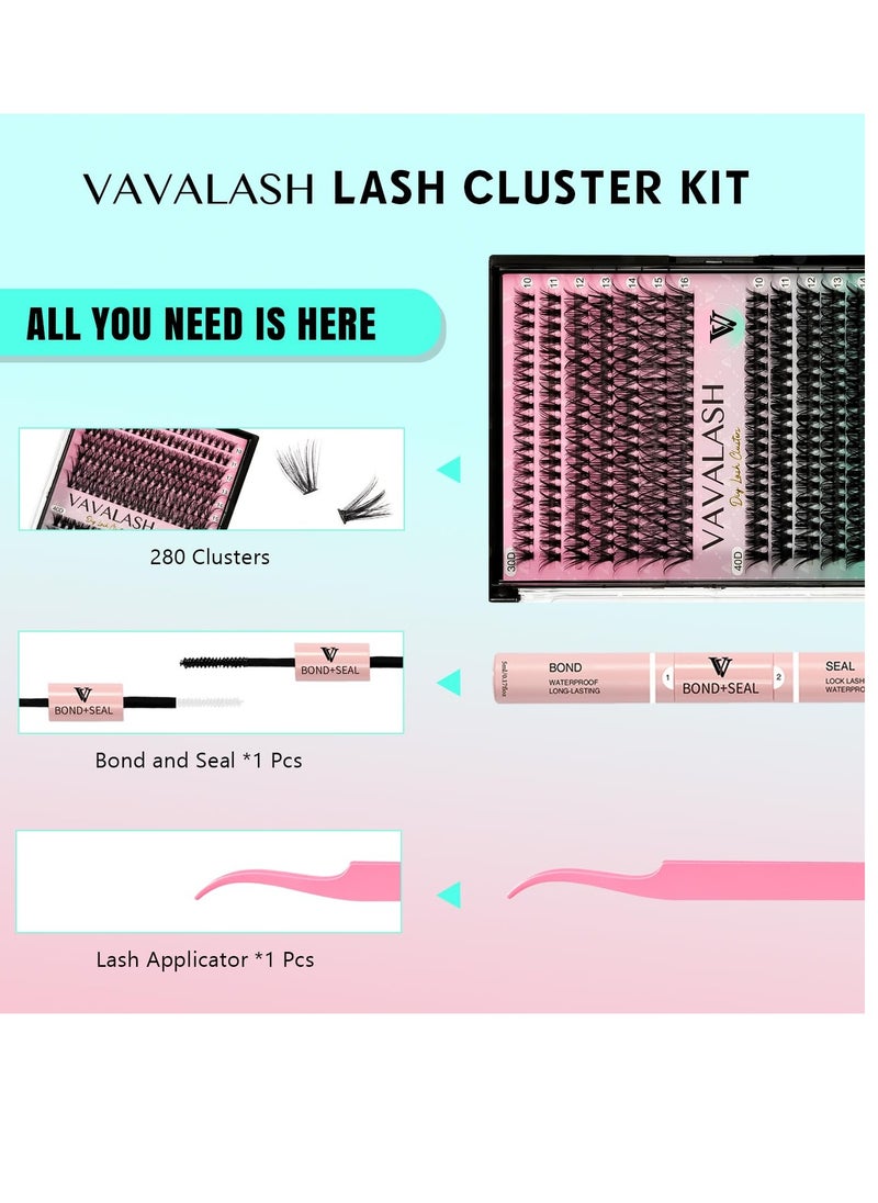 VAVALASH DIY Lash Extensions Kit Individual Cluster Lashes Kit with 280 Lash Clusters 30D+40D-0.07-D-10-16Mix, Lash Bond and Seal, Lash Applicator for DIY Eyelash Extensions at Home（Kit-30D+40D)