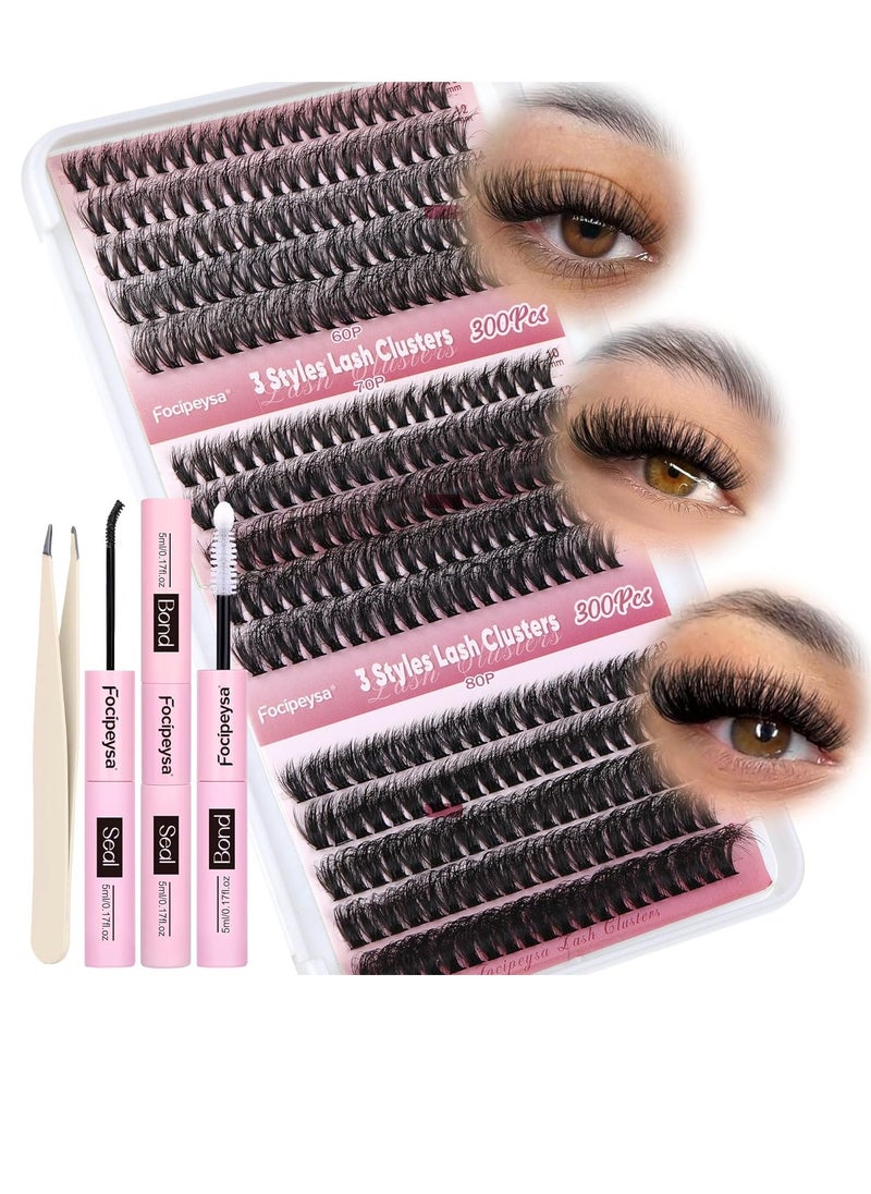 Focipeysa Lash Extension Kit 300pcs Lash Clusters Fluffy Eyelash Extension 60D 70D 80D Eyelash Clusters 9-16mm DIY Lash Extensions Kit with Waterproof Lash Bond and Seal and Lash Tweezers