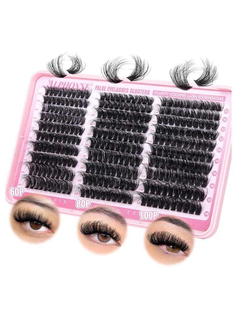 Fluffy Lash Clusters Thick Volume Lash Extension 10-18mm Cluster Eyelash Extensions DIY Individual Lashes Wispy at Home Pestañas Pelo a Pelo by ALPHONSE (60D+80D+100D, 300pcs)