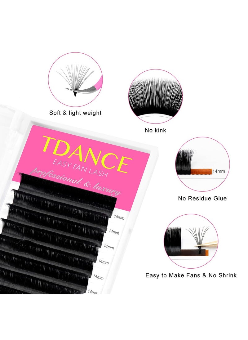 TDANCE Easy Fan Lash Extension Rapid Blooming Volume Eyelash Extensions C CC D DD J B L Curl 0.03-0.12mm Thickness Easy Fan Volume Lashes Self Fanning Eyelashes Extension (D-0.07,14-19mm)