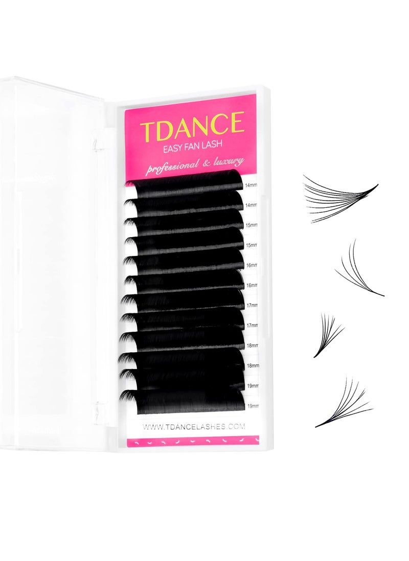 TDANCE Easy Fan Lash Extension Rapid Blooming Volume Eyelash Extensions C CC D DD J B L Curl 0.03-0.12mm Thickness Easy Fan Volume Lashes Self Fanning Eyelashes Extension (D-0.07,14-19mm)