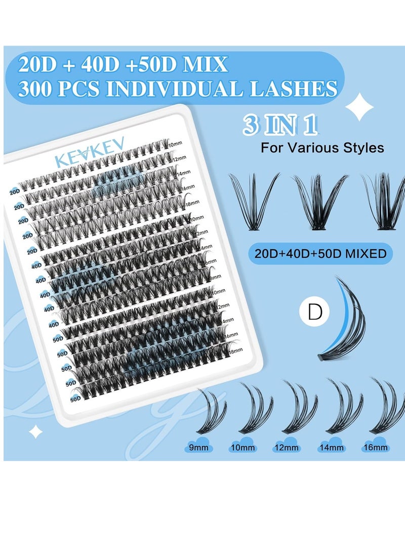 KevKev Lash Extension Kit 300Pcs Lash Clusters Kit DIY Eyelash Extension Kit with Lash Bond and Seal Eyelash Remover Lash Applicator Wispy Lashes Look Like Extensions(20D+40D+50D, D-10-18mix)