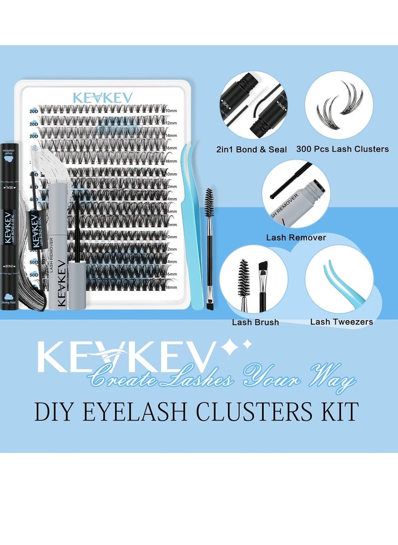 KevKev Lash Extension Kit 300Pcs Lash Clusters Kit DIY Eyelash Extension Kit with Lash Bond and Seal Eyelash Remover Lash Applicator Wispy Lashes Look Like Extensions(20D+40D+50D, D-10-18mix)