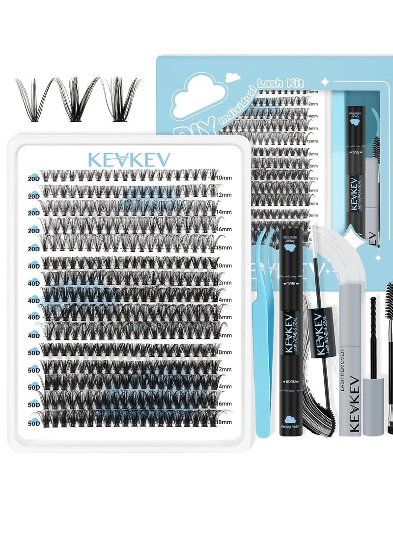 KevKev Lash Extension Kit 300Pcs Lash Clusters Kit DIY Eyelash Extension Kit with Lash Bond and Seal Eyelash Remover Lash Applicator Wispy Lashes Look Like Extensions(20D+40D+50D, D-10-18mix)