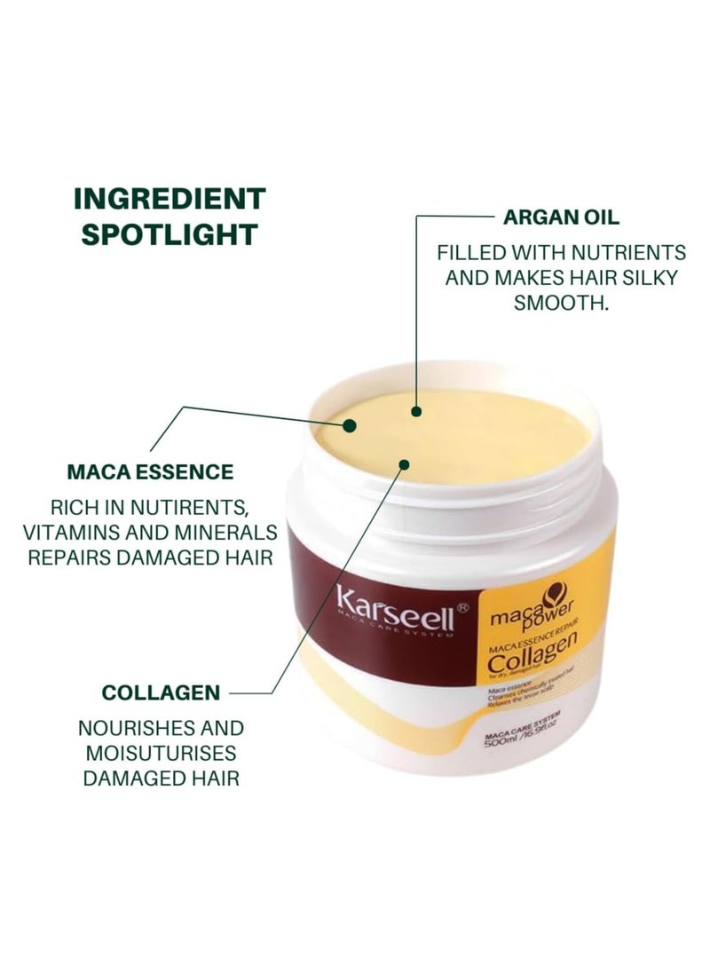 Karseell Collagen Maca Hair Treatment Deep Repair Conditioning Hair Mask Argan Oil Coconut Oil Essence for Dry Damaged Hair All Hair Types 16.90 Fl oz 500ml