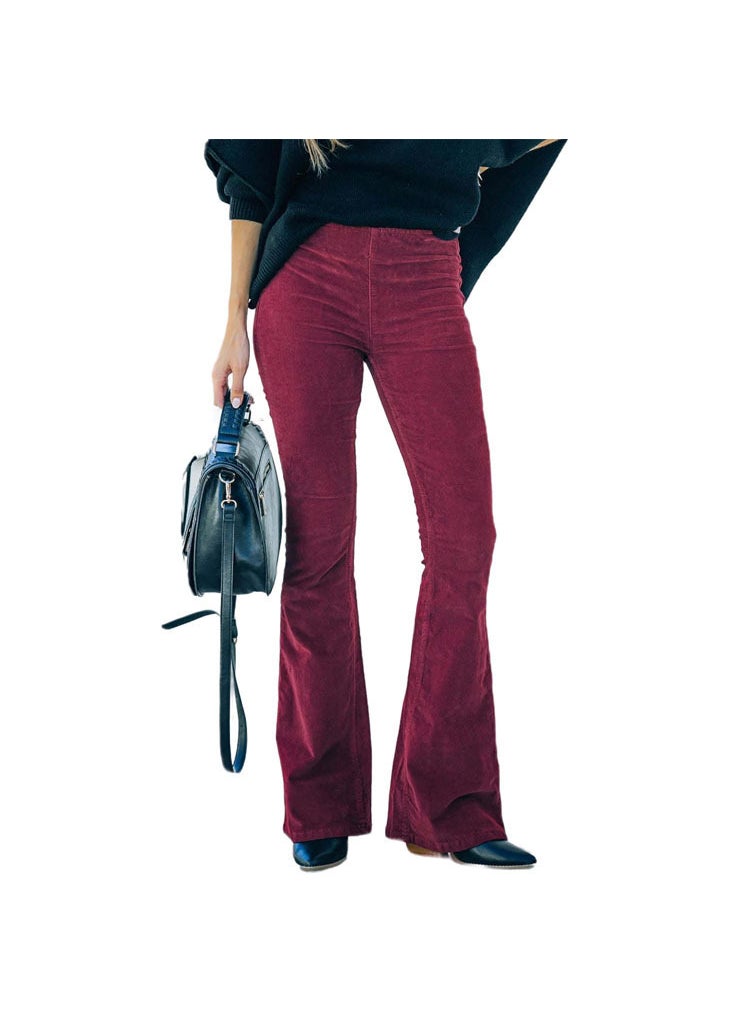 Autumn Winter High Waist Flared Corduroy Trousers Dark Blue