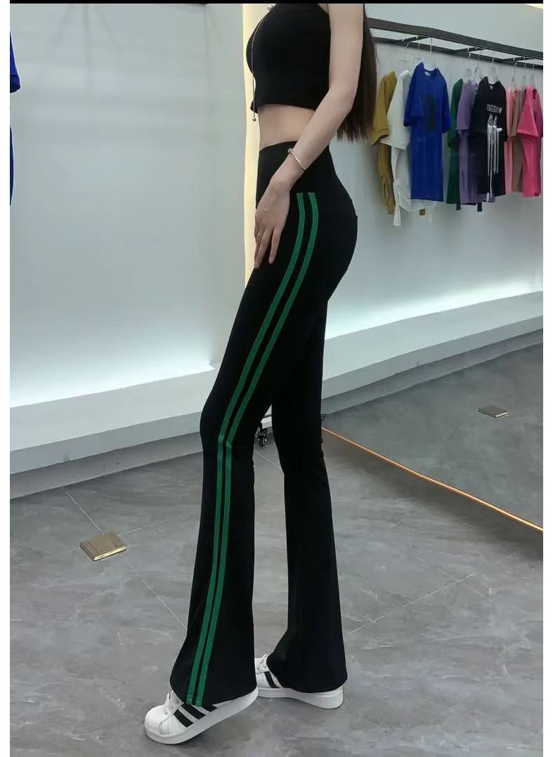 Spring Slim High-Waist Flare Pants with Side Stripe Green stripes