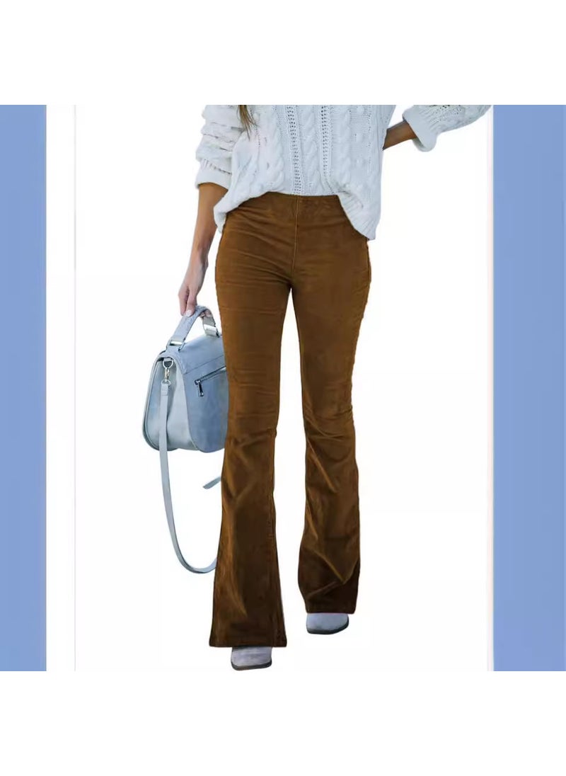 Autumn Winter High Waist Flared Corduroy Trousers Khaki