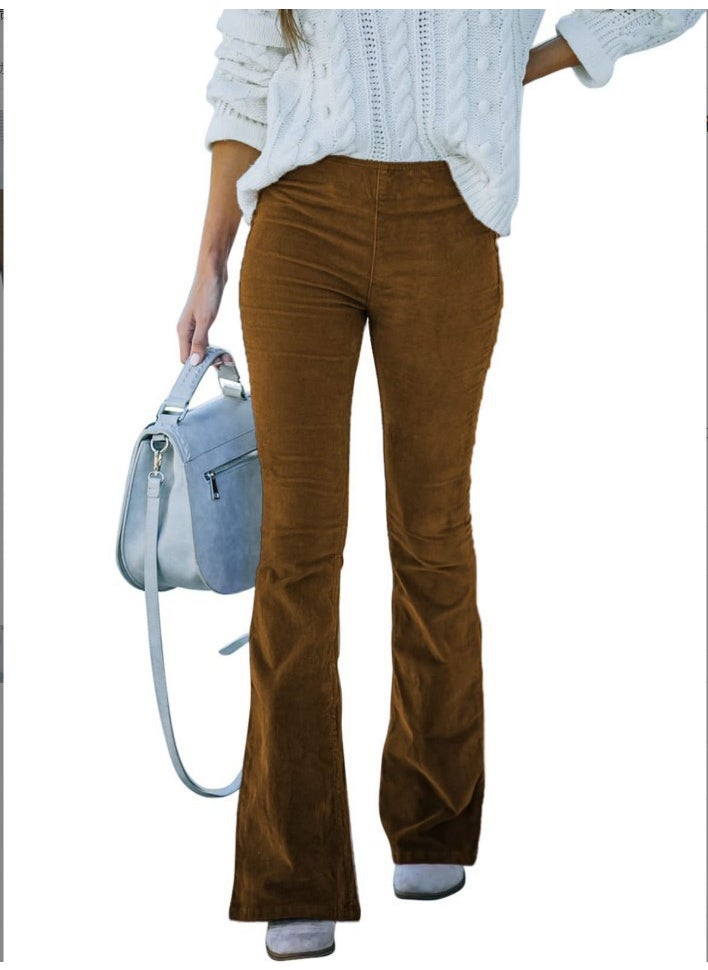 Autumn Winter High Waist Flared Corduroy Trousers Khaki