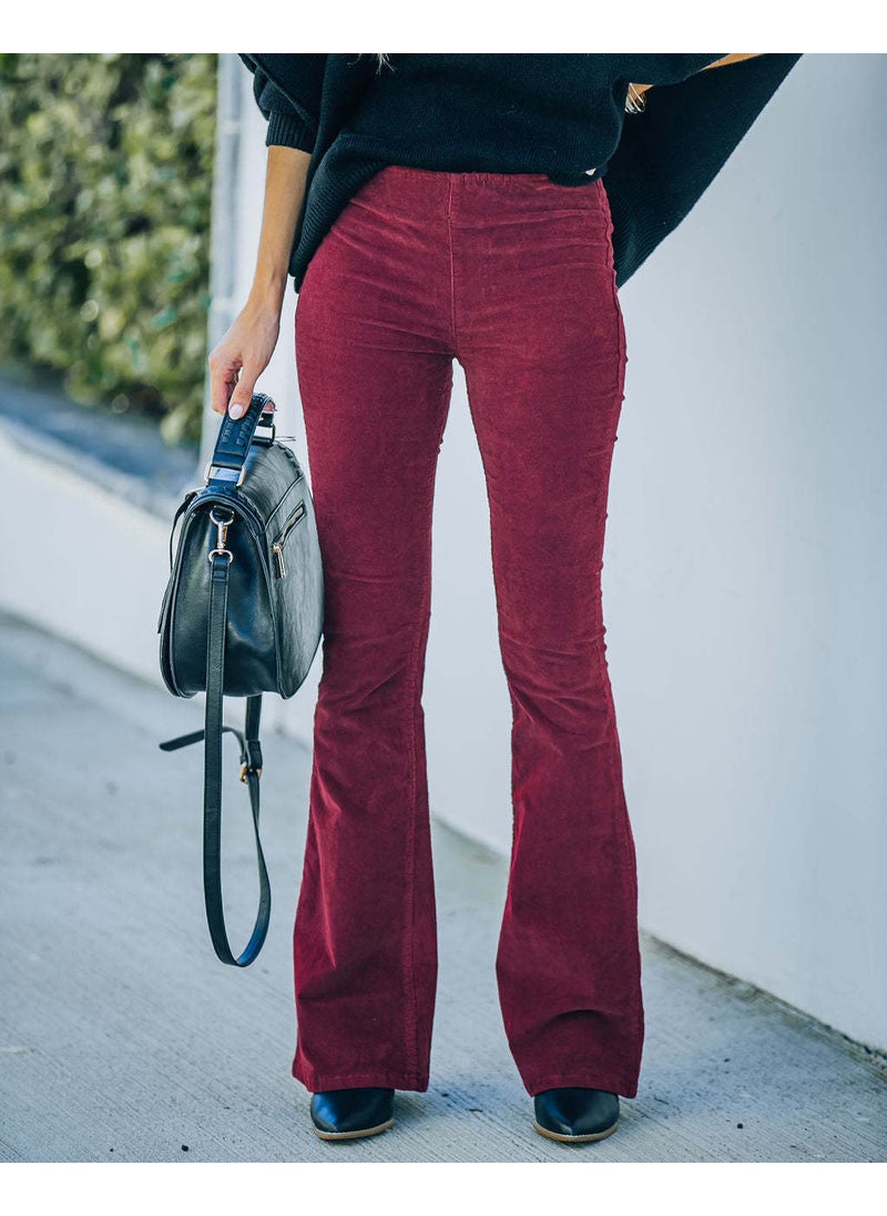 Autumn Winter High Waist Flared Corduroy Trousers Dark red