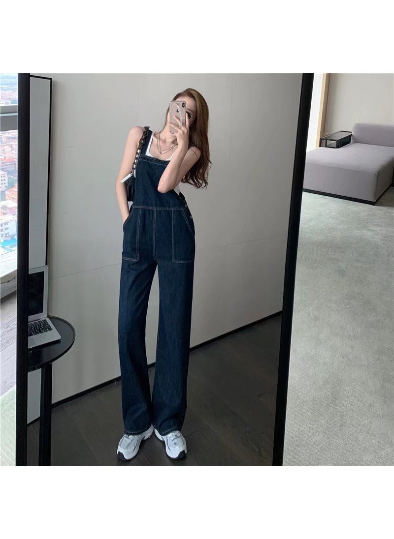 Deep Blue Denim Overalls Korean Loose High-Waist Chic Dark Blue