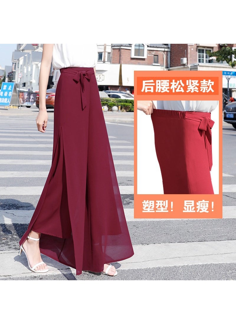 2023 Summer Chiffon Palazzo Pants High-Waist Split Skirt Trousers Wine Red