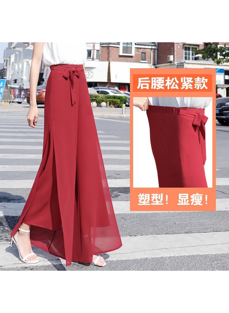 2023 Summer Chiffon Palazzo Pants High-Waist Split Skirt Trousers Wine Red