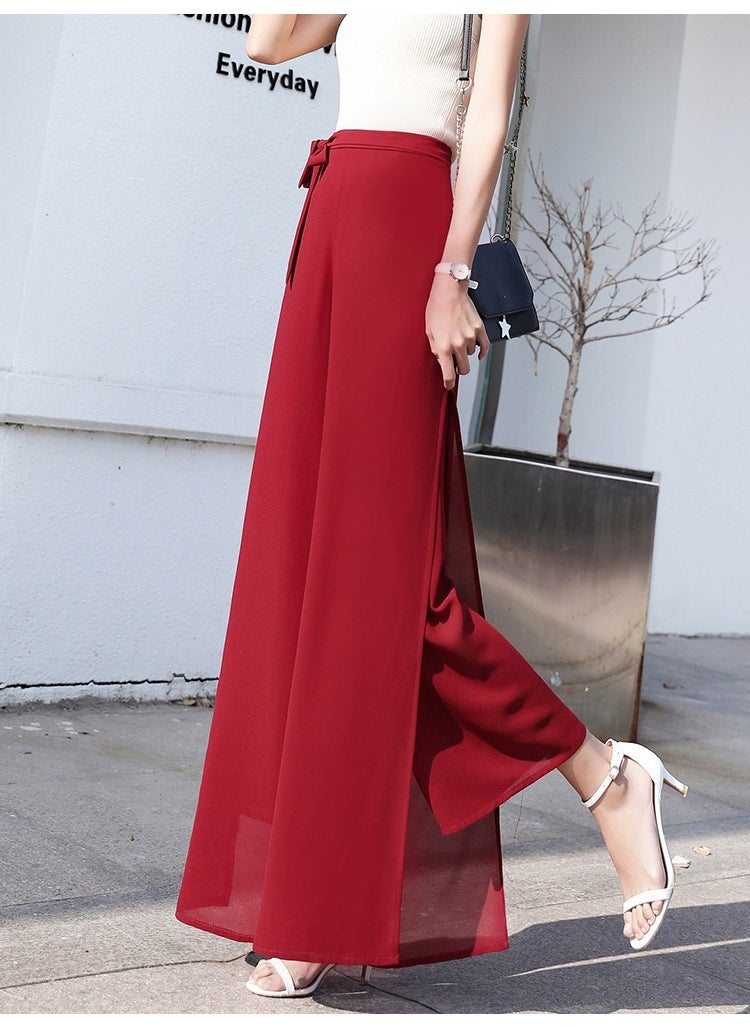 2023 Summer Chiffon Palazzo Pants High-Waist Split Skirt Trousers Wine Red