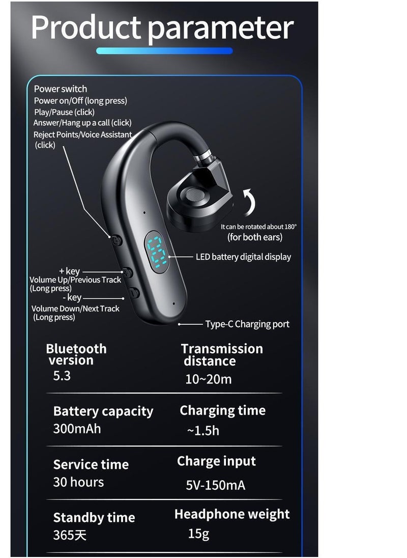 One Ear Headset Open Ear Air-Bone Conduction Headphones Wireless Bluetooth Headset Earpiece with Microphone for Cell Phones 30H Playtime Air-Bone Conducting Ear Piece Earphones for Sports Work