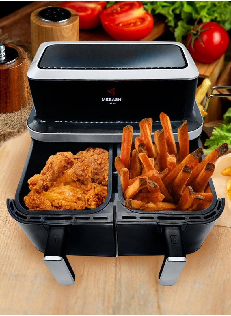 Mebashi 9L Air Fryer Dual Basket with Touch Screen, 2 Separate Baskets, Windows Glass Air Fryer (ME-AF976)(2600W)