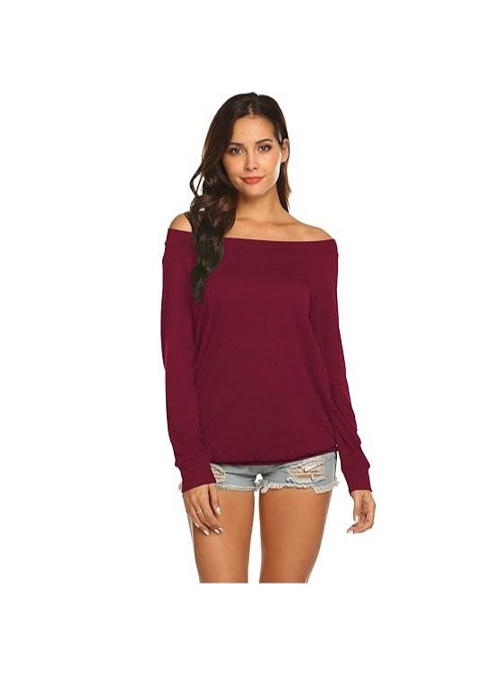 2022 Off-Shoulder Long Sleeve Casual Tee Purple Blue