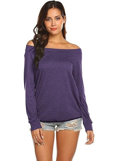 2022 Off-Shoulder Long Sleeve Casual Tee Purple Blue