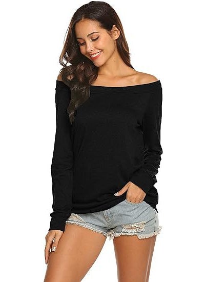 2022 Off-Shoulder Long Sleeve Casual Tee Purple Blue