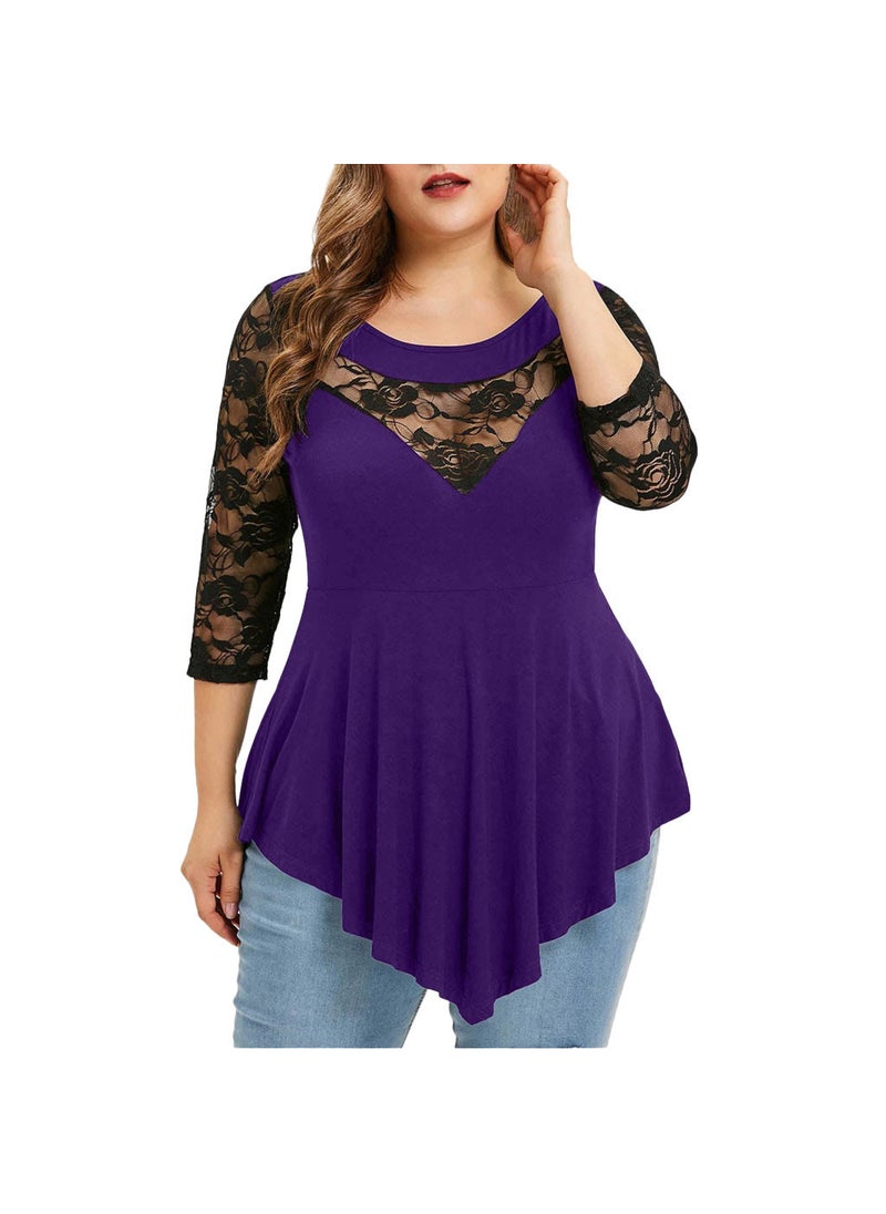 Plus Size Lace Splice Womens T-Shirt Casual Loose Fit Purple