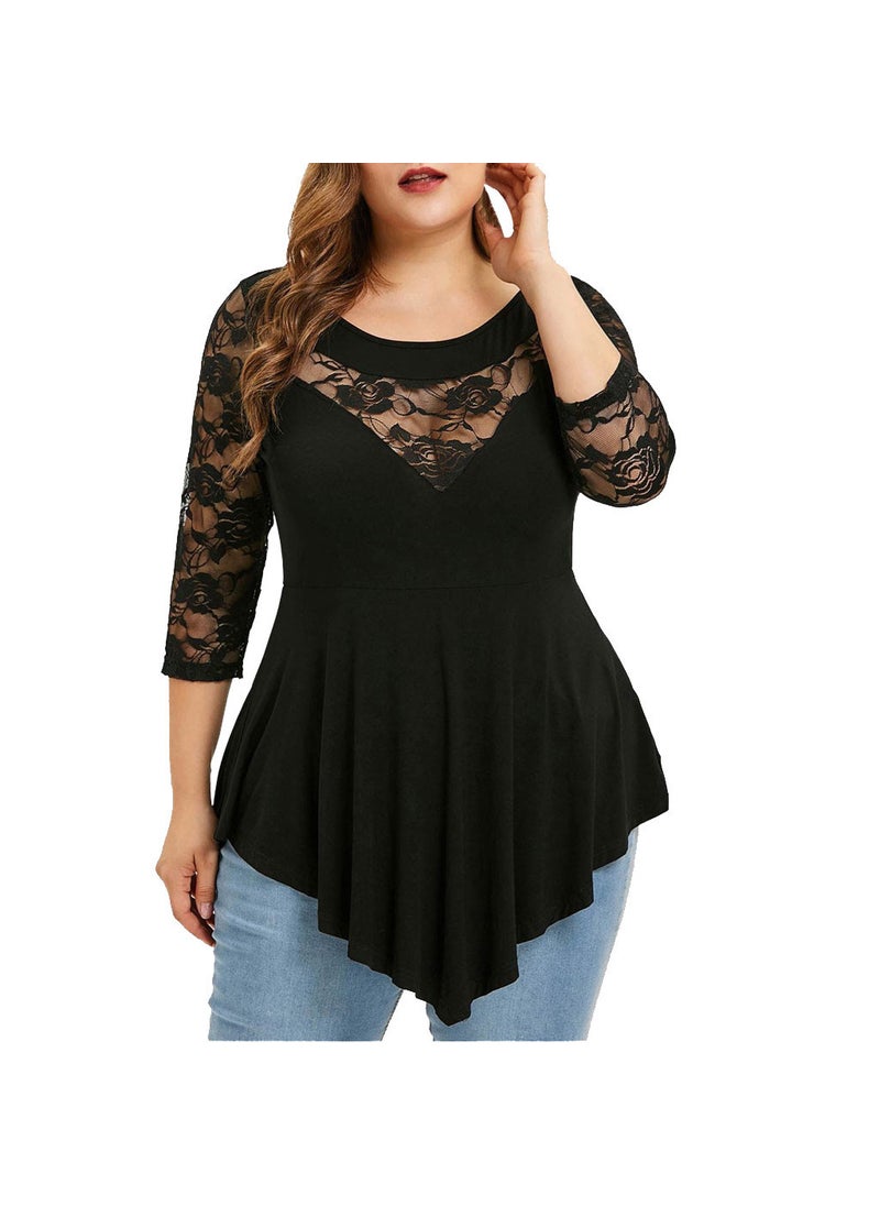 Plus Size Lace Splice Womens T-Shirt Casual Loose Fit Black