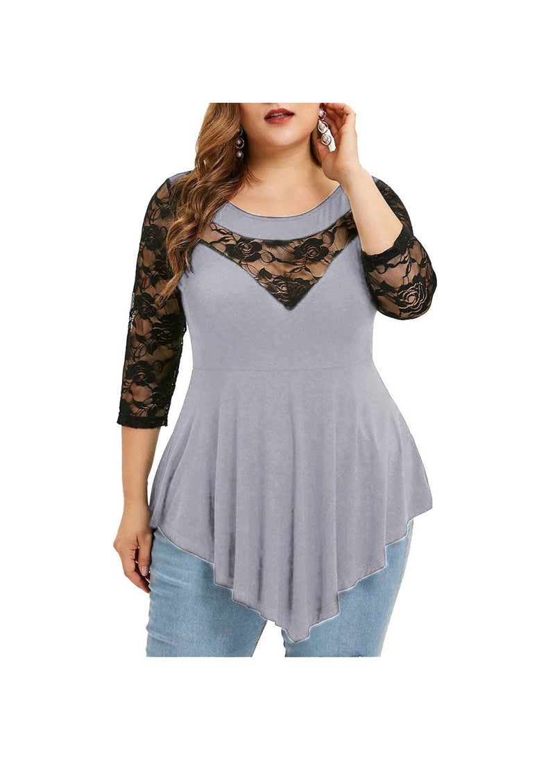 Plus Size Lace Splice Womens T-Shirt Casual Loose Fit Burgundy