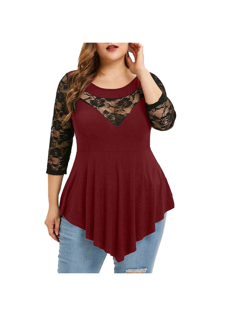 Plus Size Lace Splice Womens T-Shirt Casual Loose Fit Burgundy