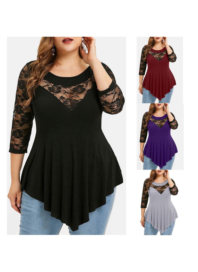 Plus Size Lace Splice Womens T-Shirt Casual Loose Fit Burgundy