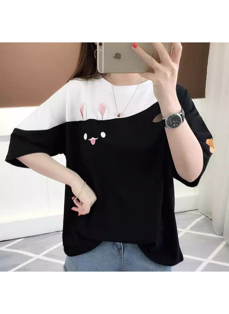 2024 New Year Rabbit Embroidered Tee, Korean Loose Fit Summer Fashionable Womens T-Shirt Black