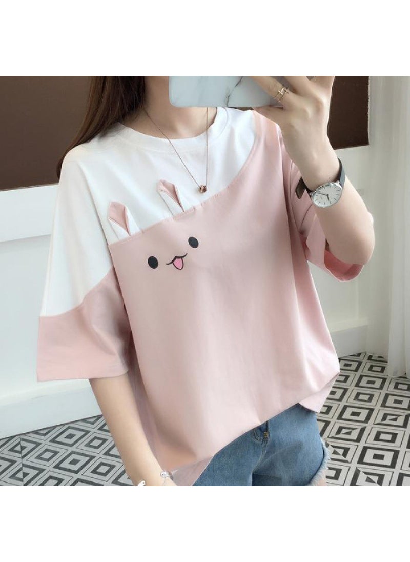 2024 New Year Rabbit Embroidered Tee, Korean Loose Fit Summer Fashionable Womens T-Shirt White