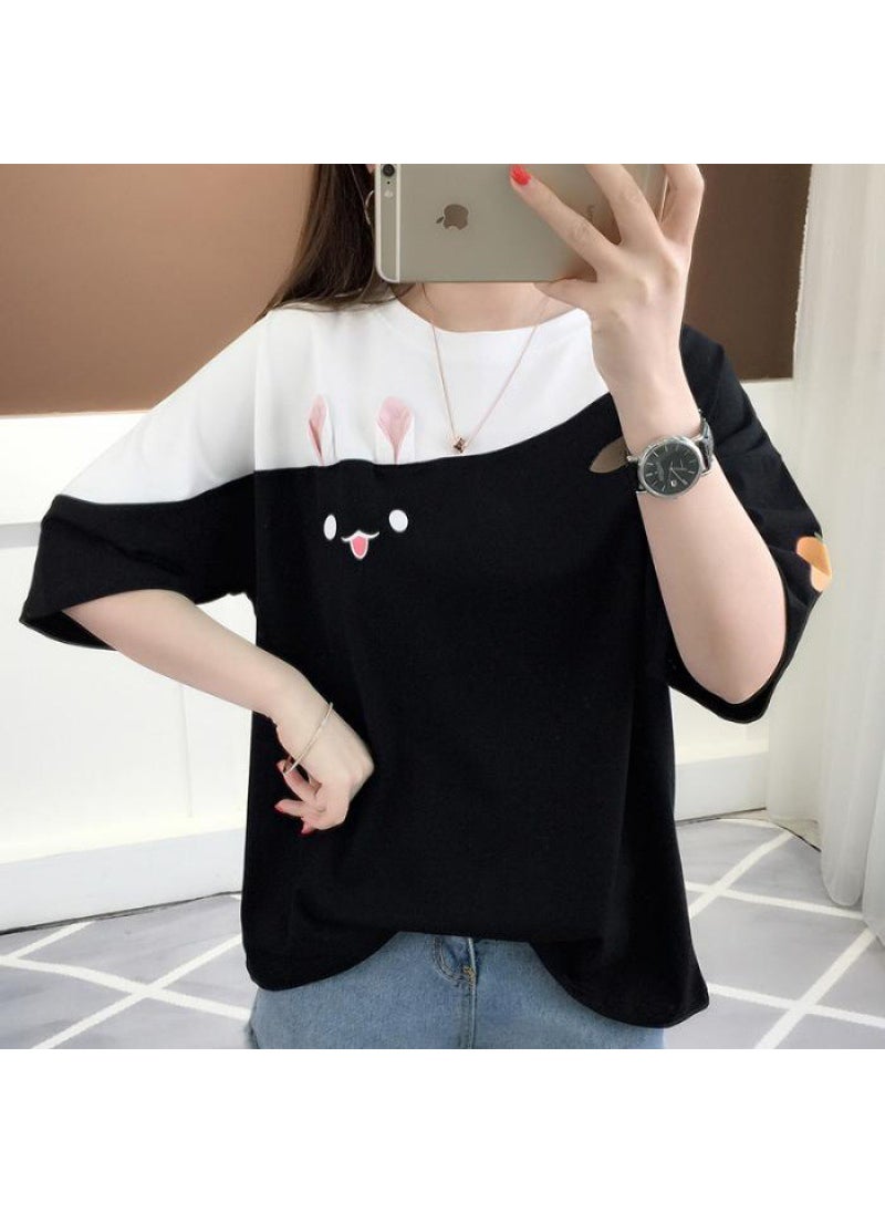 2024 New Year Rabbit Embroidered Tee, Korean Loose Fit Summer Fashionable Womens T-Shirt White