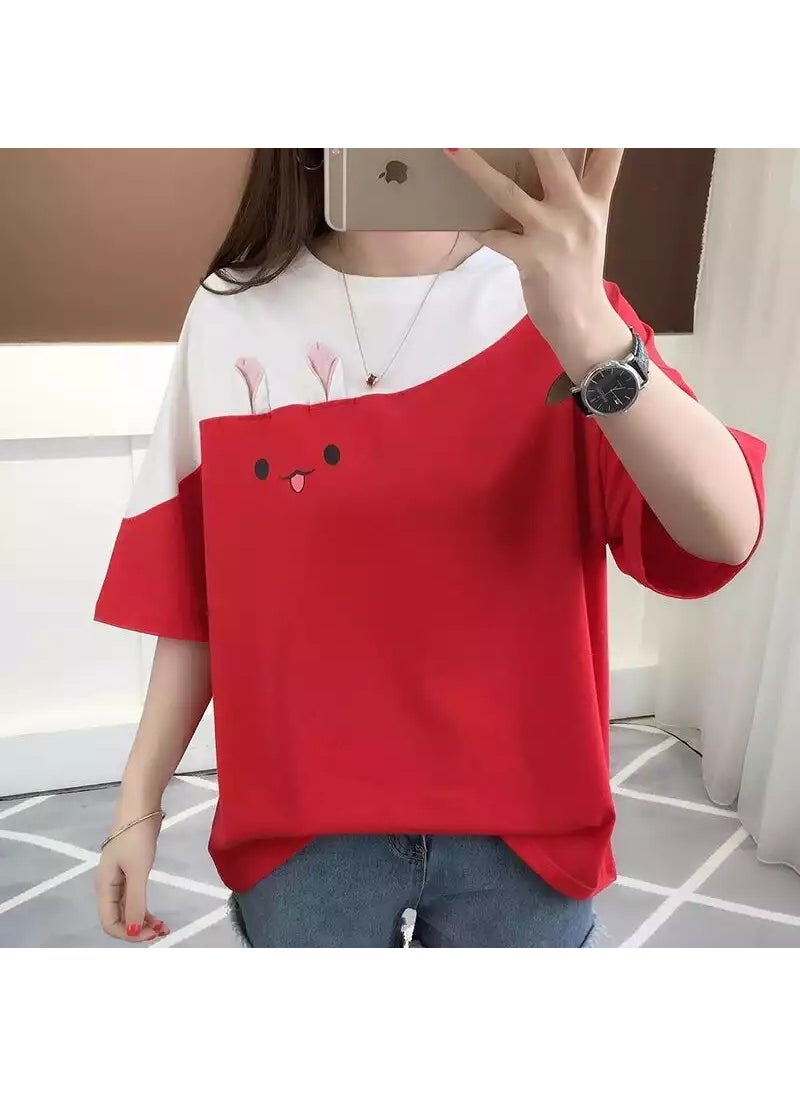 2024 New Year Rabbit Embroidered Tee, Korean Loose Fit Summer Fashionable Womens T-Shirt White