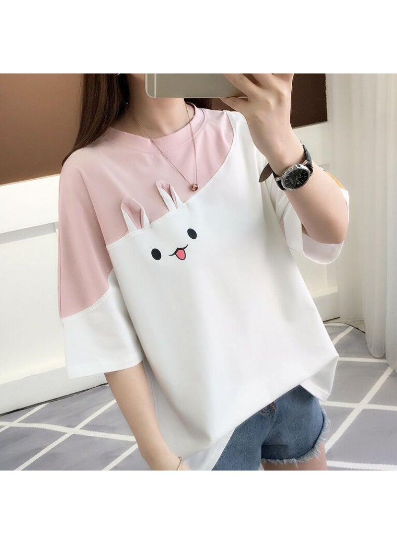 2024 New Year Rabbit Embroidered Tee, Korean Loose Fit Summer Fashionable Womens T-Shirt White