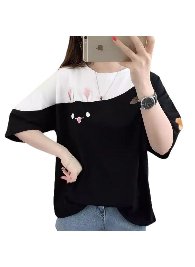 2024 New Year Rabbit Embroidered Tee, Korean Loose Fit Summer Fashionable Womens T-Shirt White