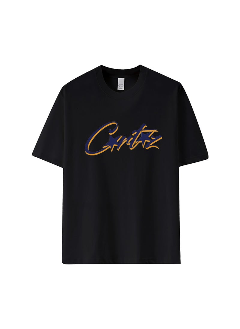 Cortriz Trendy Tees 2023 Summer Cotton Loose Round Neck Couples 2 Black Cotton