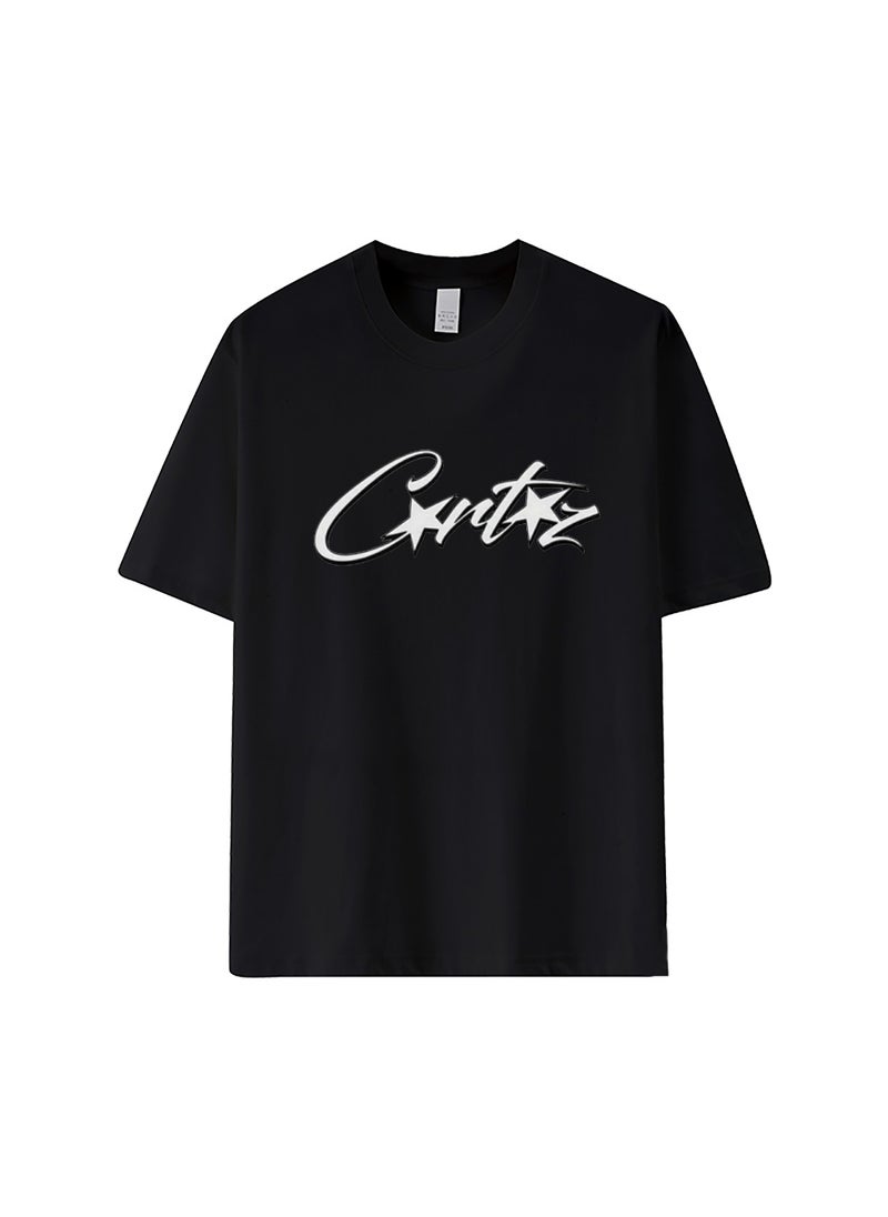 Cortriz Trendy Tees 2023 Summer Cotton Loose Round Neck Couples 1 Black Cotton