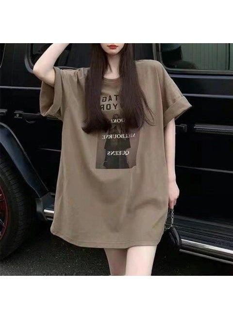 2023 Summer Letter Print Womens Mid-Length Tee Brown