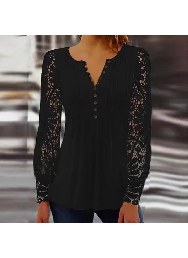 2023 Spring Autumn Lace T-shirt Womens Fashion Black