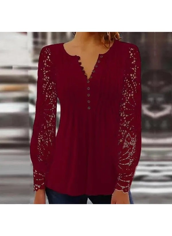 2023 Spring Autumn Lace T-shirt Womens Fashion Red