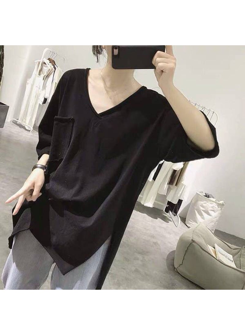 Cotton Split Hem Tee V-Neck Korean Style Black